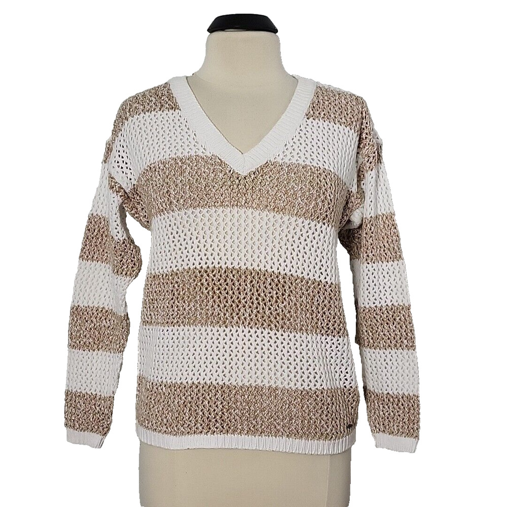 TOMMY HILFIGER Women's Sweater Open Knit V-Neck Pullover White/Beige size L